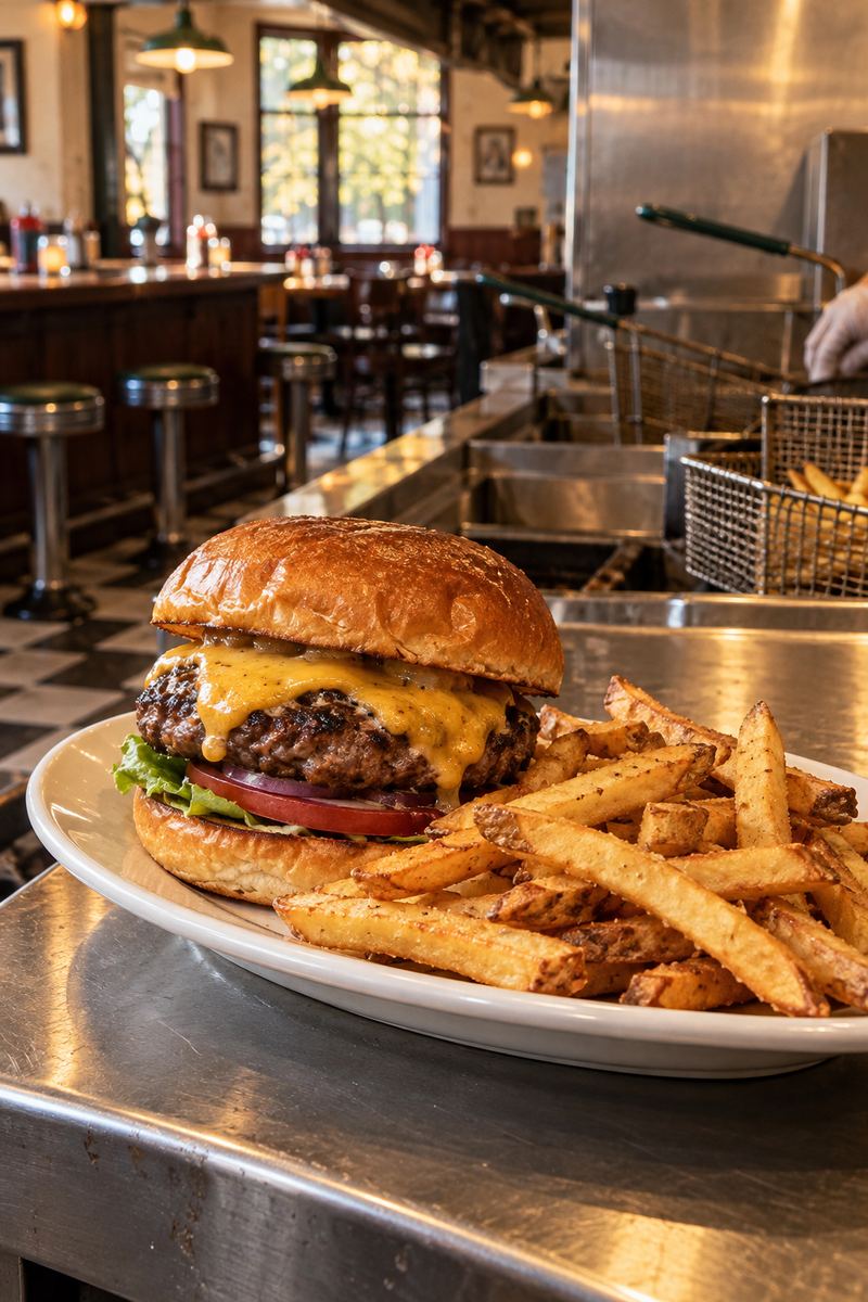 Half-pound cheeseburger with fries and melted cheese